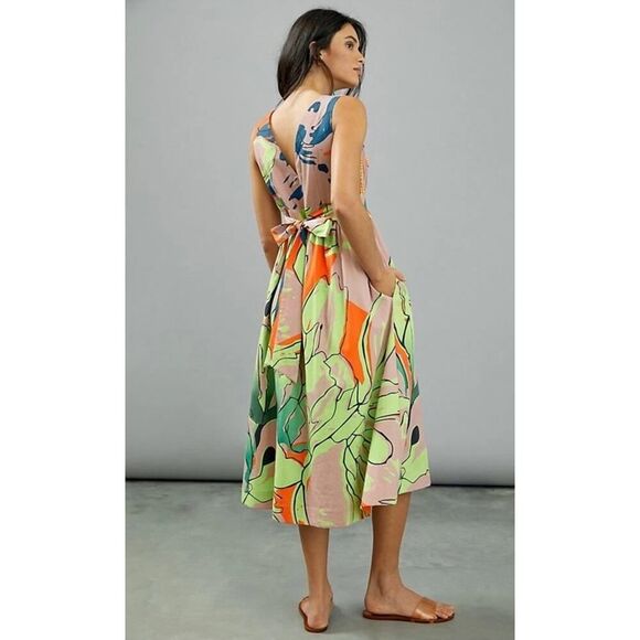 Anthropologie Nerida Midi Dress Medium Beaded V-Neck Colorful Print Cotton - Picture 5 of 14